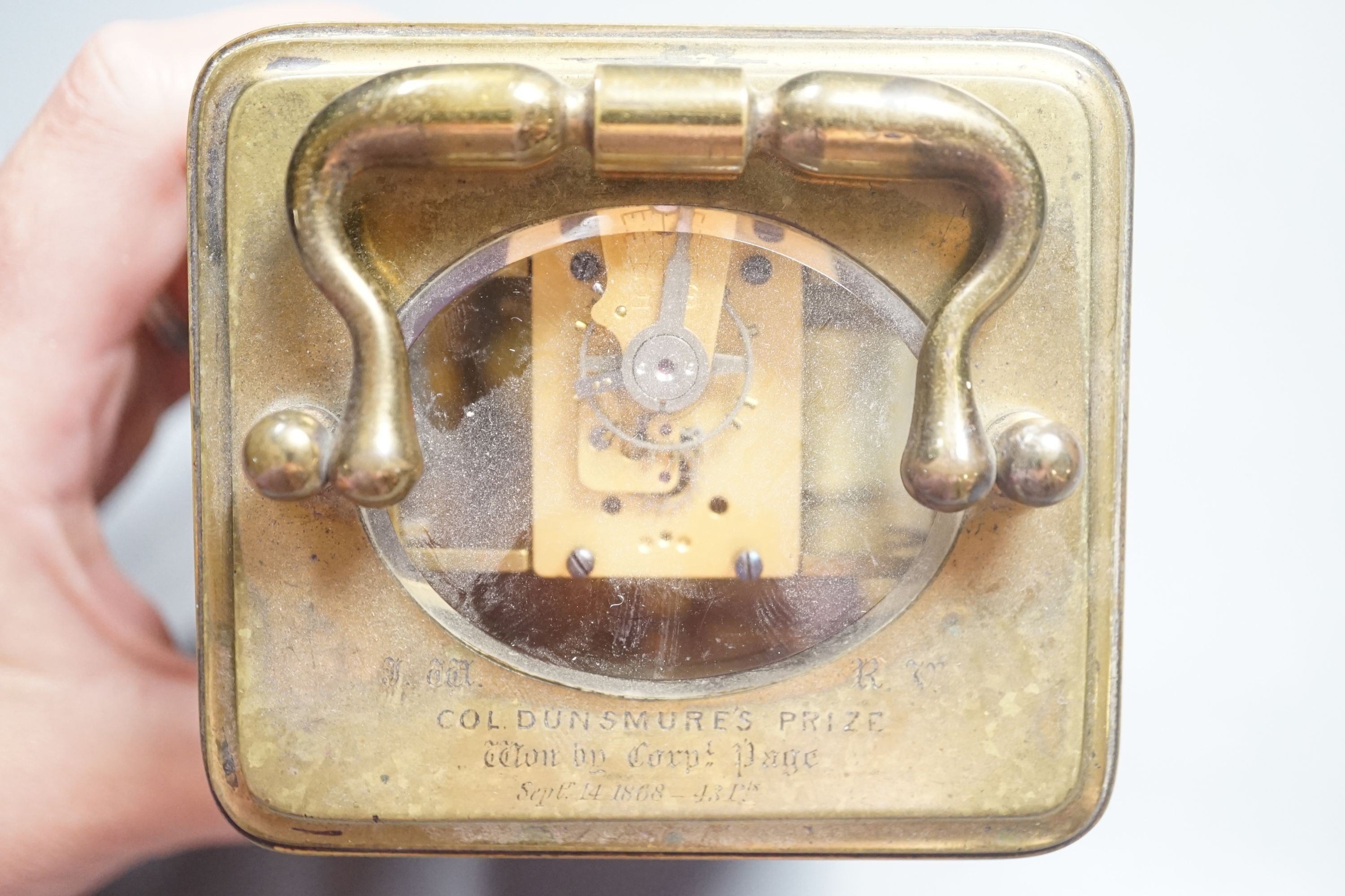 A brass cased carriage timepiece 13cm